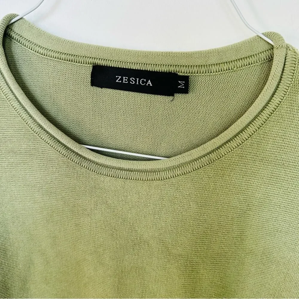 NEW ZESICA Sage Green Crop Bubble Long Sleeve Sweater Tie Pockets Shorts Set M - Picture 5 of 12